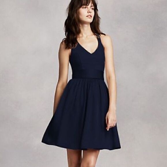 White By Vera Wang  V Neck Halter Gown with Sash VW360261 midnight blue size 6 - Picture 1 of 11